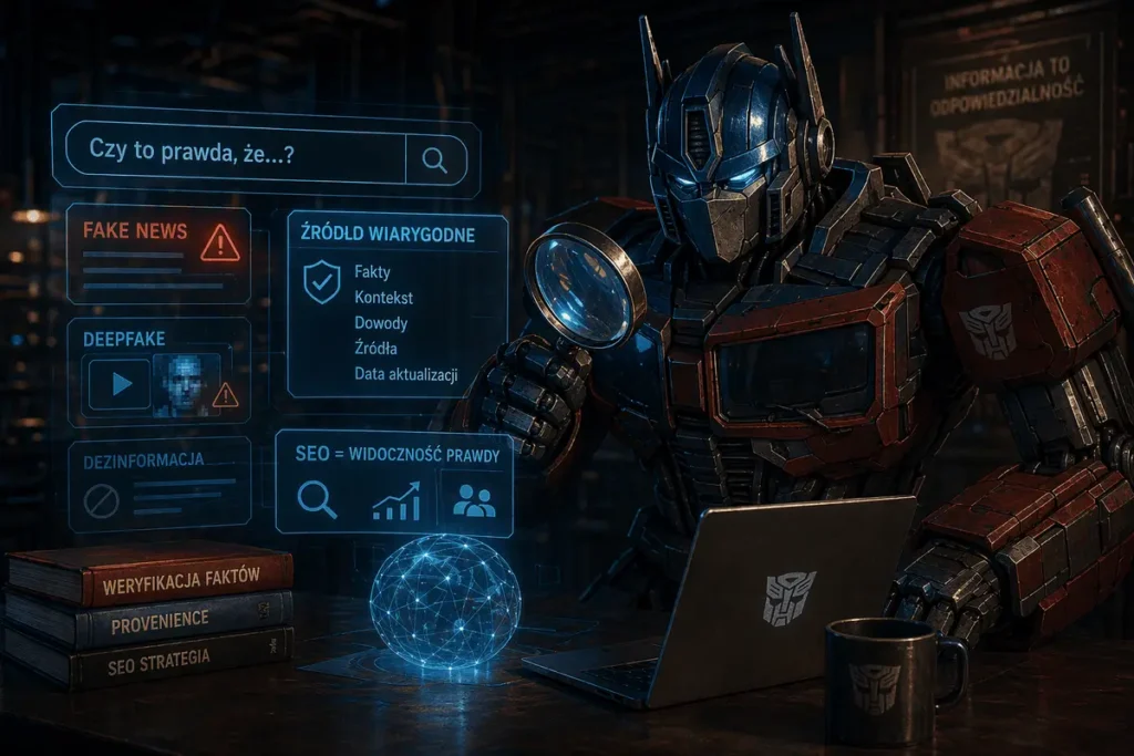 Futurystyczny robot analizuje fake newsy, deepfake’i i źródła informacji na holograficznym panelu, symbolizując rolę SEO w walce z dezinformacją w epoce AI