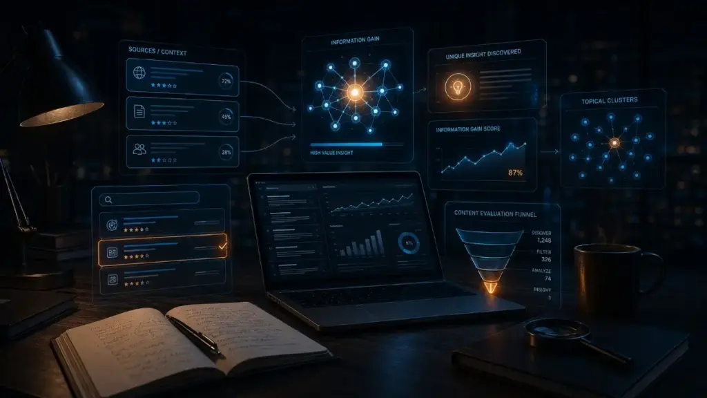 Laptop na ciemnym biurku otoczony holograficznymi panelami źródeł, klastrów tematycznych i oceny information gain w SEO.